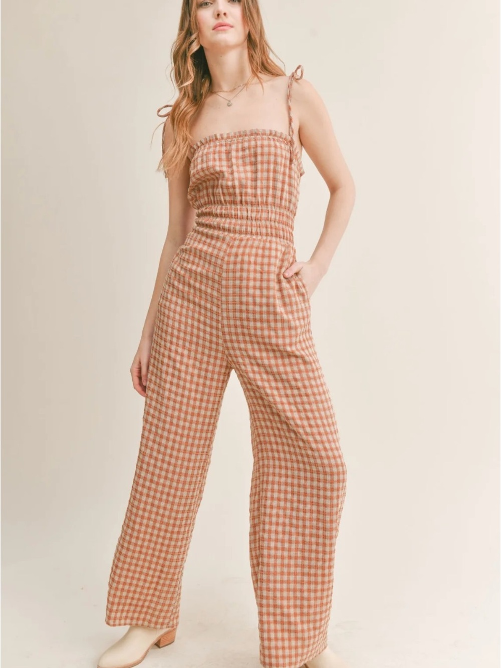 Sadie & Sage Smocked Gingham Wide-Leg Jumpsuit in Rust sz XS